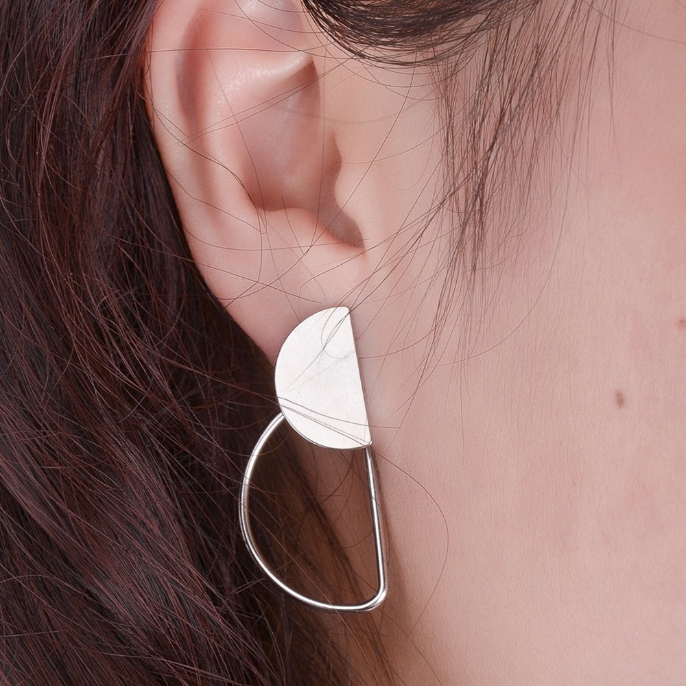 Silver Half Moon Studs w/Hollow Half Moon Jackets - Picture 4 of 8